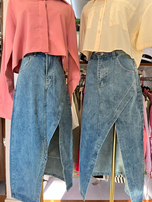 Summer Sexy Side Slit Mid Length High Waist Denim Skirts